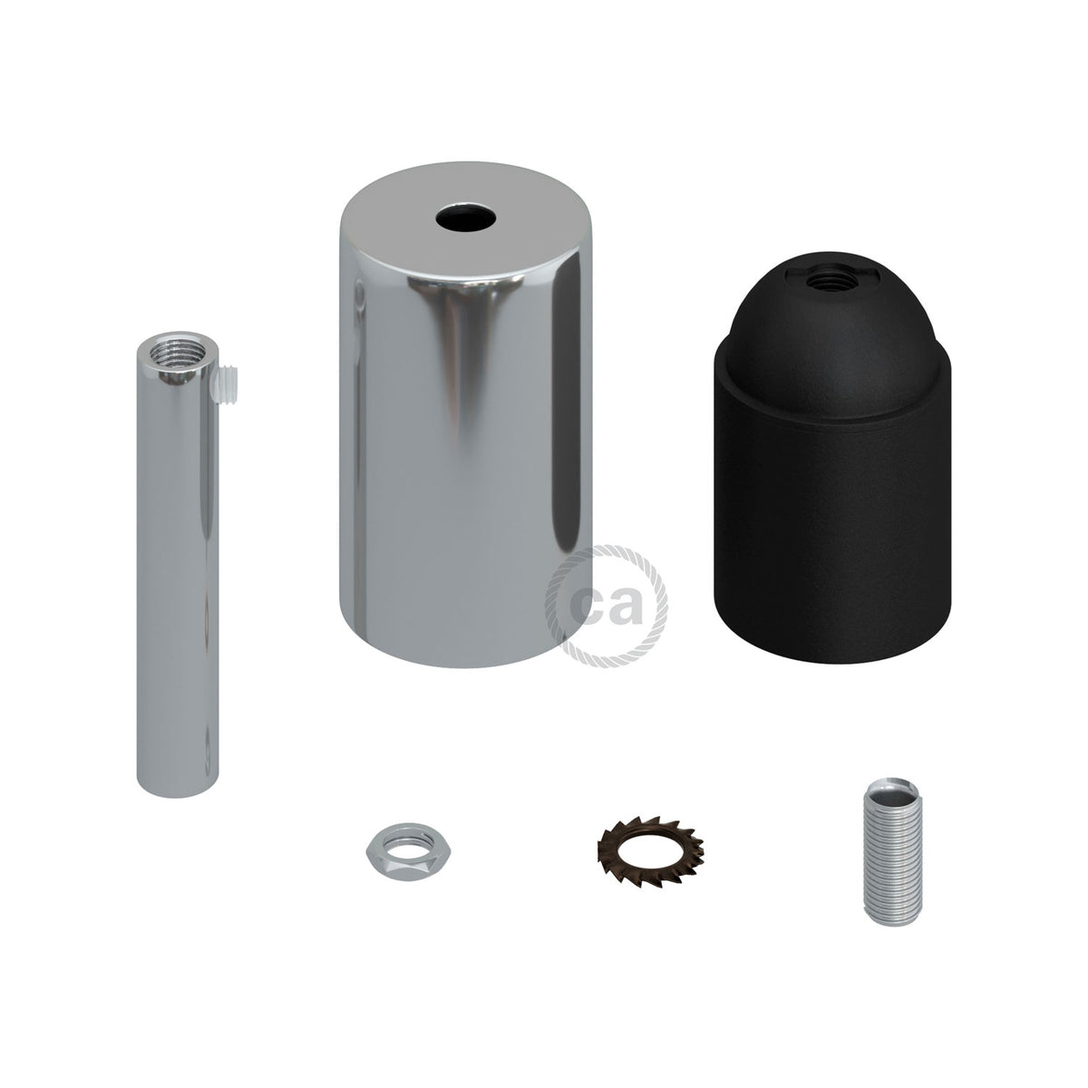 Kit portalampada E27 cilindrico in metallo con serracavo da 7 cm - Cromo