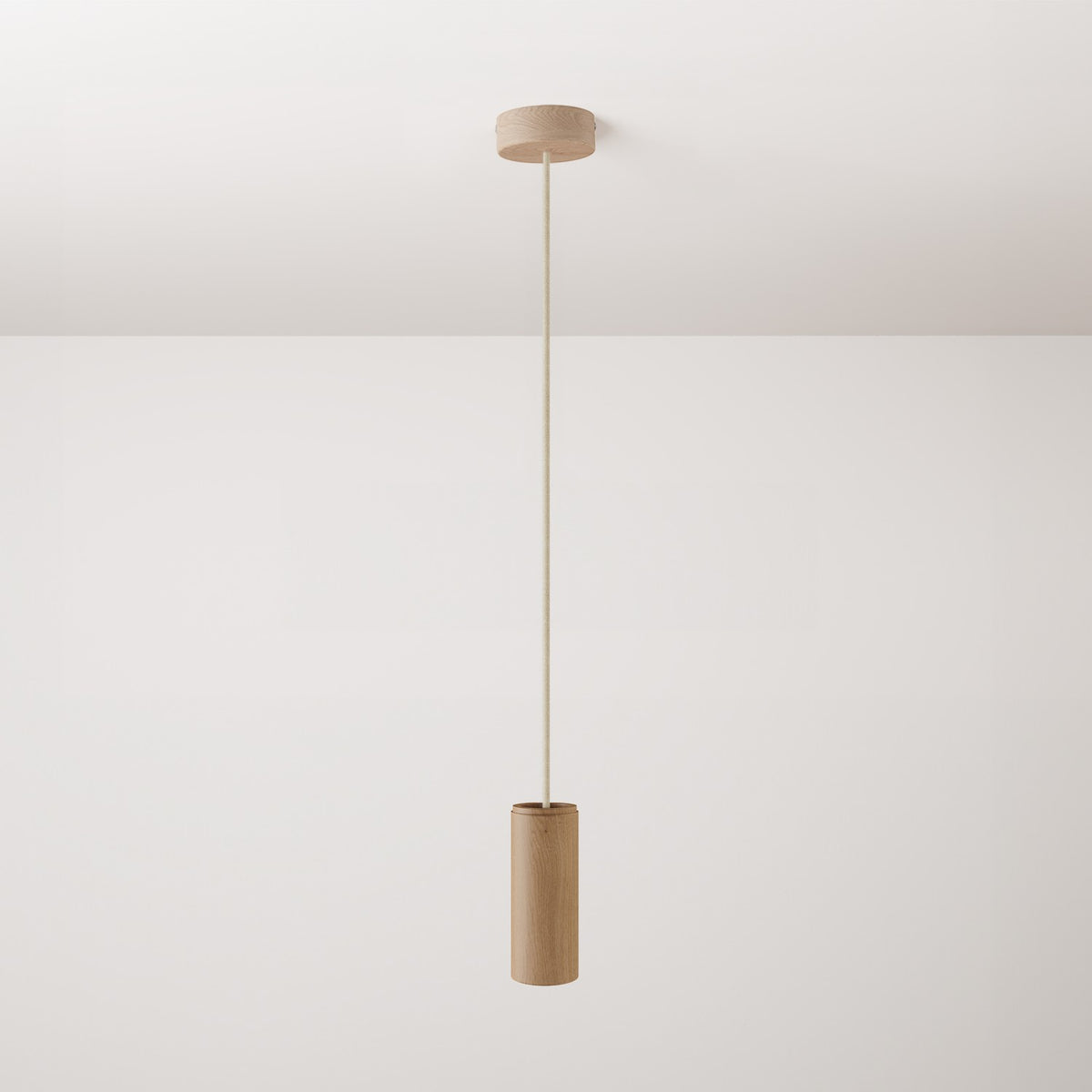 Lampada a sospensione completa di cavo tessile e paralume Tub-E14 in legno - Neutro