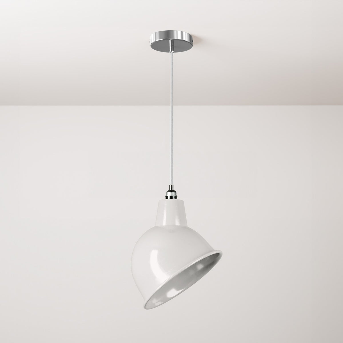 Lampada a sospensione completa di cavo tessile, paralume Broadway e finiture in metallo - Bianco