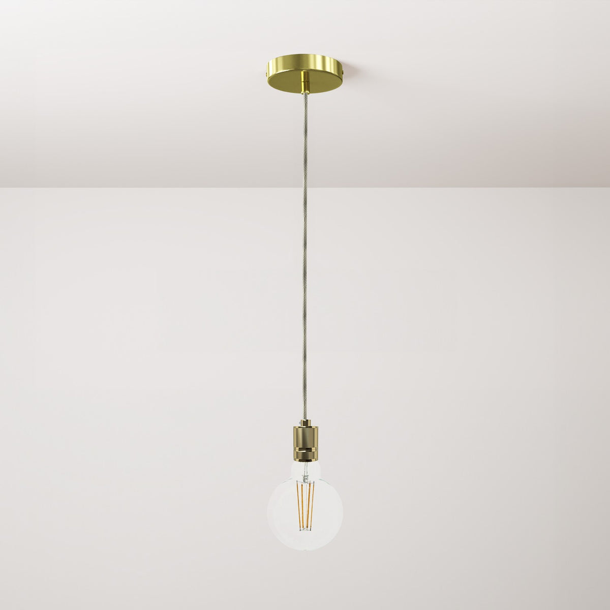 Lampada a sospensione completa di cavo tessile e portalampada in alluminio zigrinato - Ottone