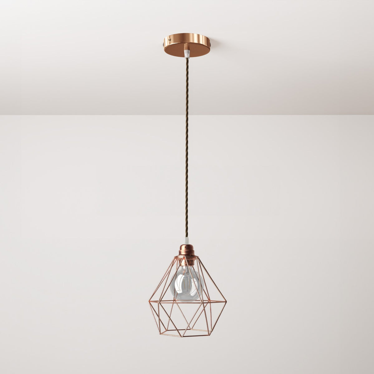 Lampada a sospensione completa di cavo tessile, paralume gabbia Diamond e finiture in metallo - Rame