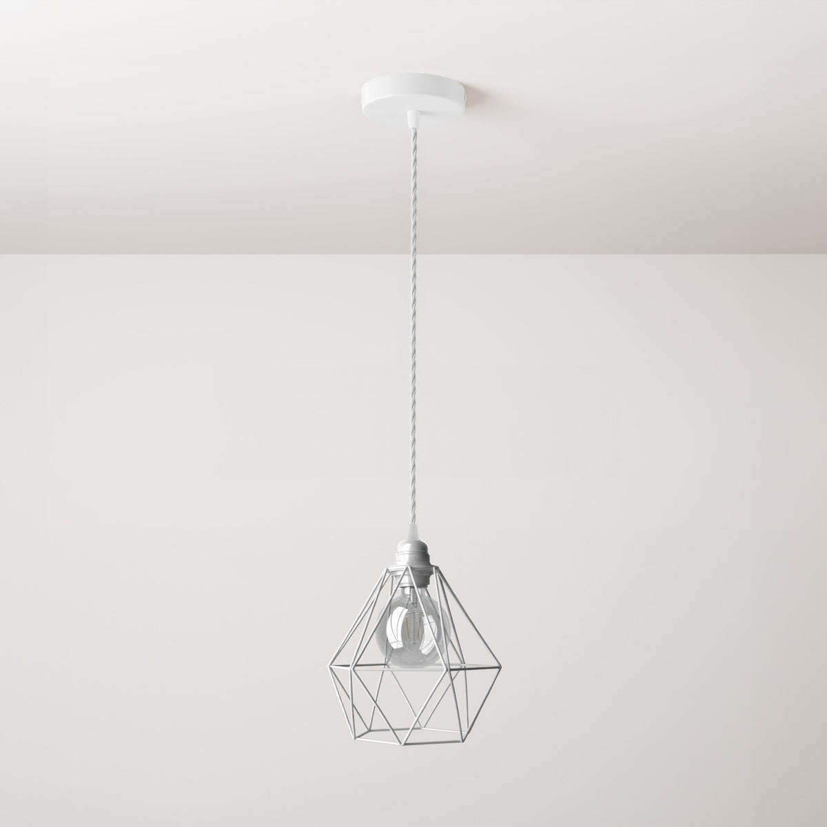 Lampada a sospensione completa di cavo tessile, paralume gabbia Diamond e finiture in metallo - Bianco