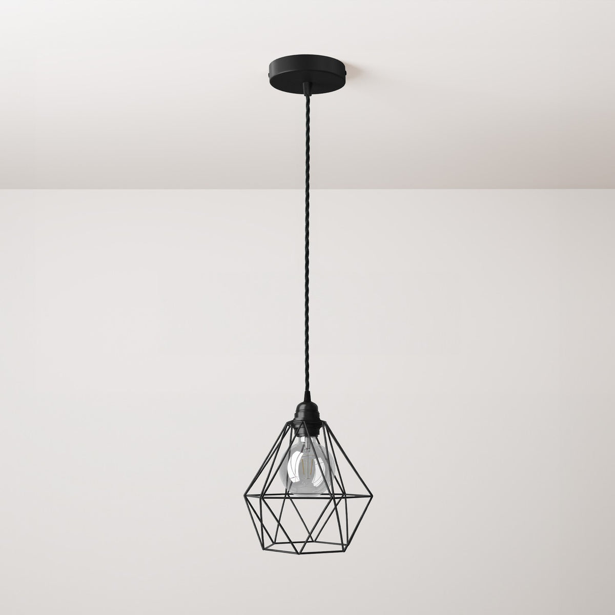 Lampada a sospensione completa di cavo tessile, paralume gabbia Diamond e finiture in metallo - Nero