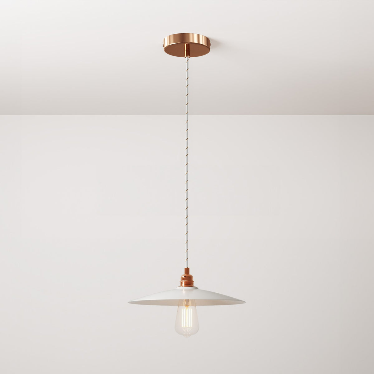 Lampada a sospensione completa di cavo tessile, paralume in ceramica Piatto e finiture in metallo - Bianco lucido