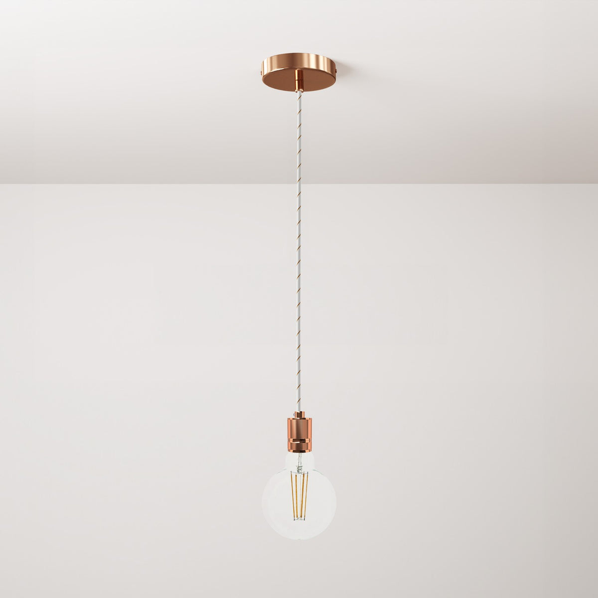 Lampada a sospensione completa di cavo tessile e portalampada in alluminio zigrinato - Rame