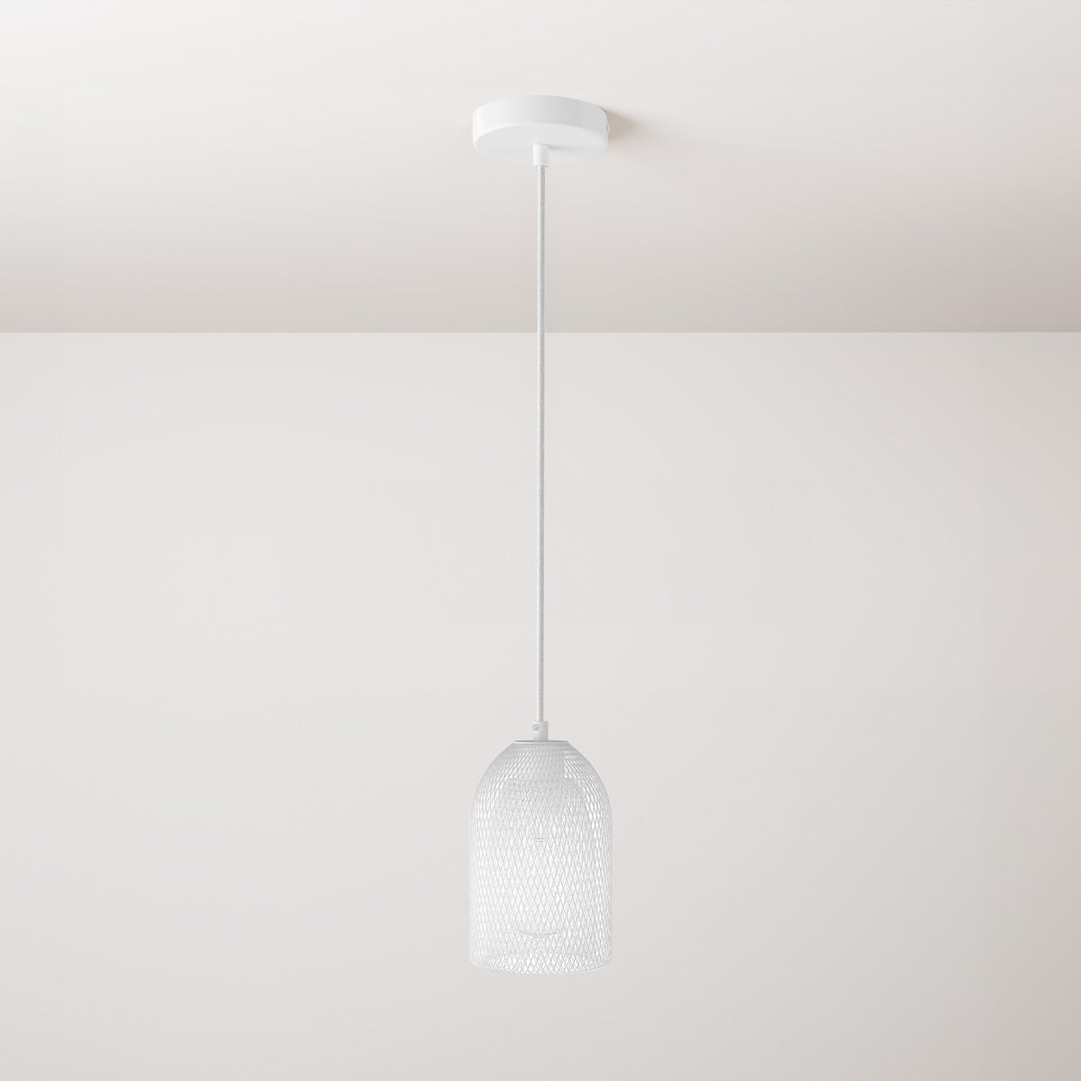 Lampada a sospensione completa di cavo tessile, paralume Ghostbell e finiture in metallo - Bianco
