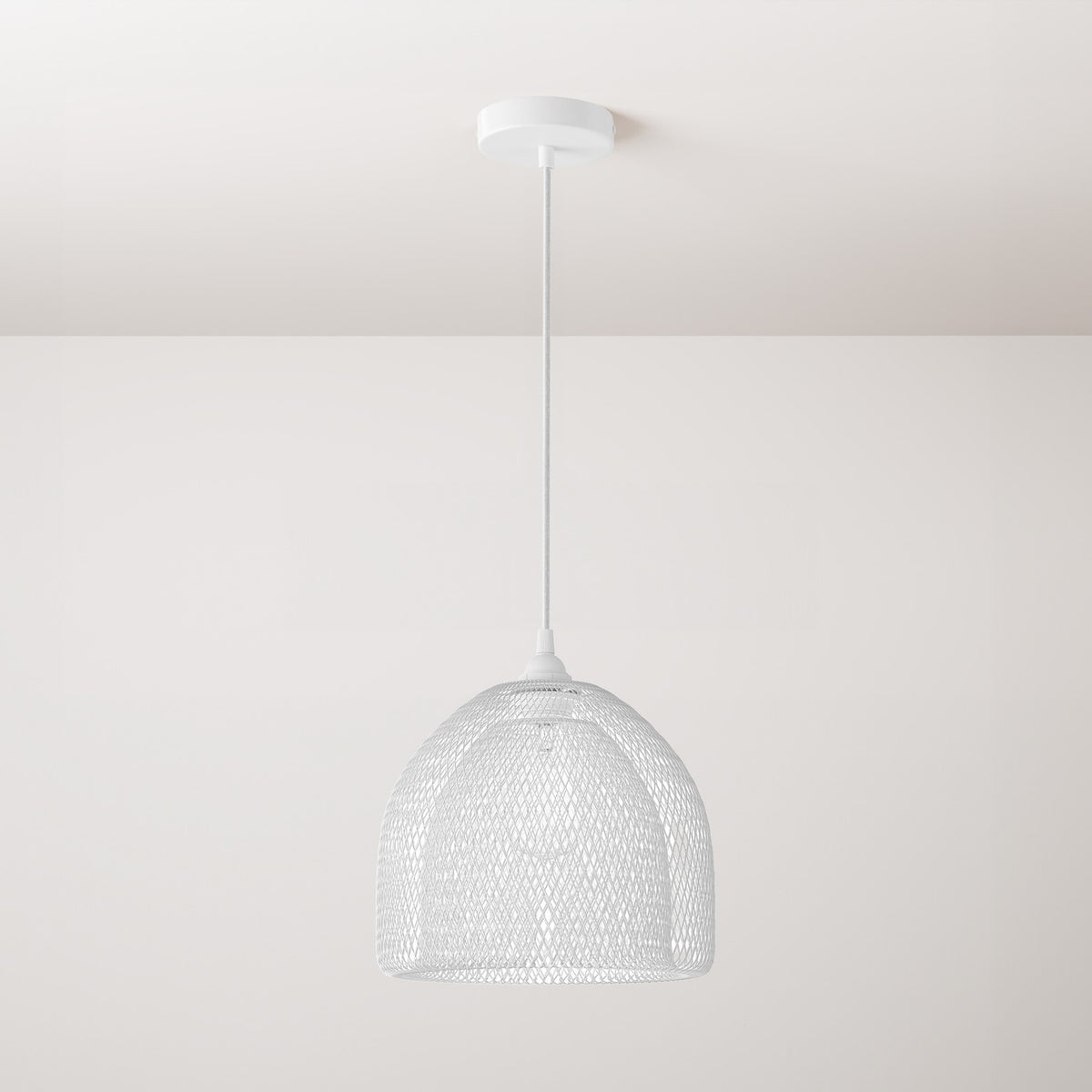 Lampada a sospensione completa di cavo tessile, paralume gabbia Ghostbell XL e finiture in metallo - Bianco
