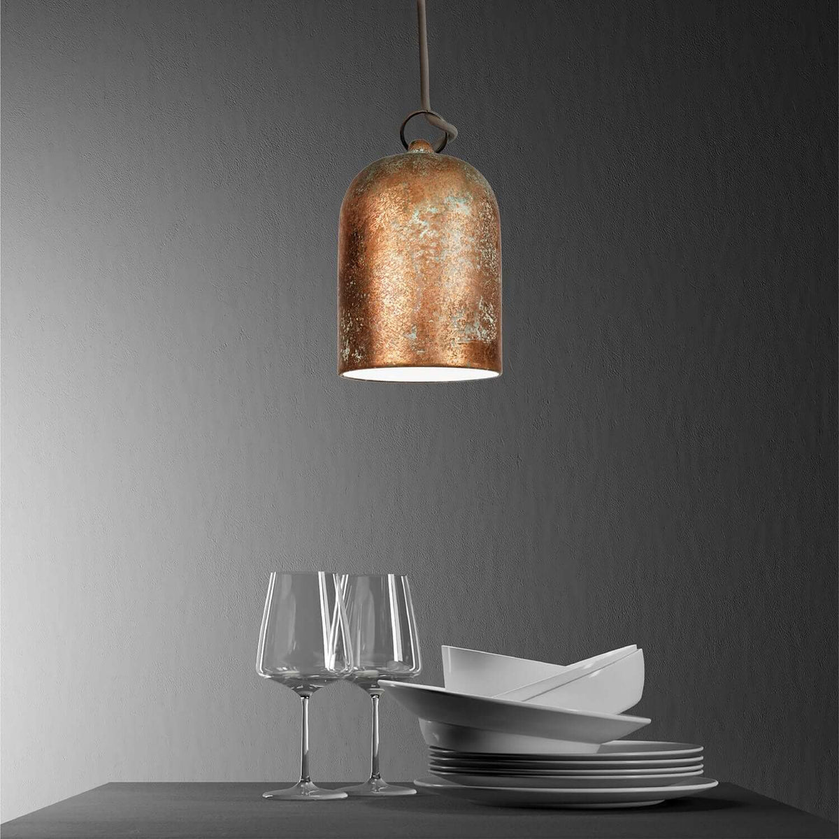 Campana Mini, paralume XS in ceramica per sospensione - Made in Italy - Effetto verde rame