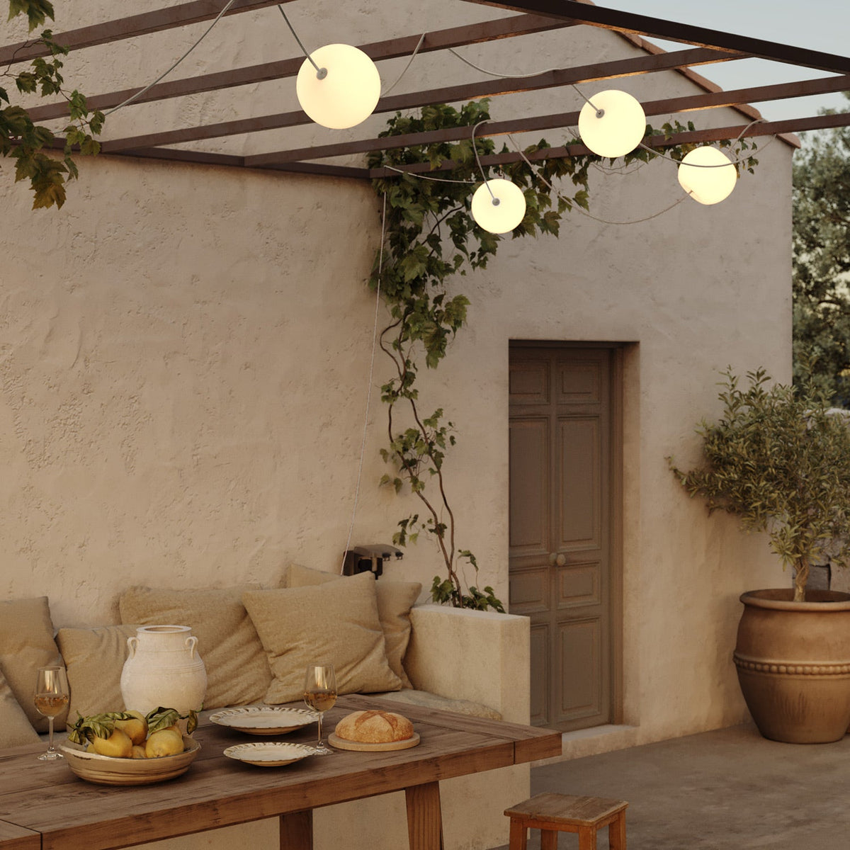 Catena luminosa 6 punti luce da esterno IP67 Bianco Sabbia - Marina6 Cherry 140 cm