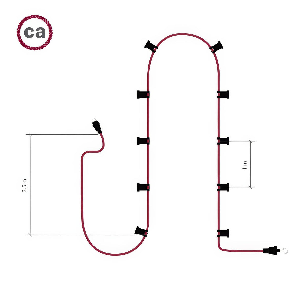 Catenaria Sistema Lumet da 12,5 m con cavo tessile CX08, 10 portalampada, gancio e spina bianchi