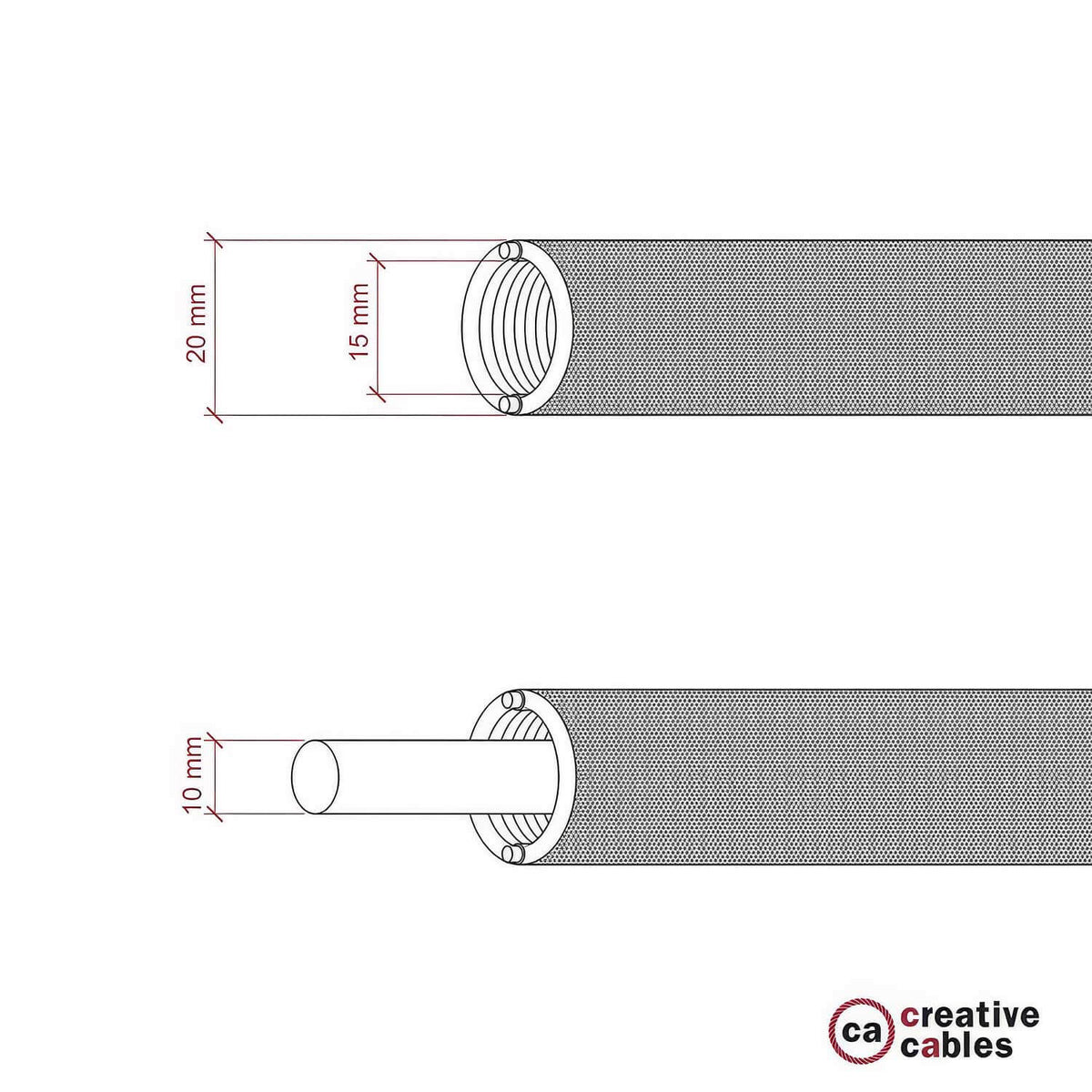 Creative-Tube, diametro 20 mm, rivestito in tessuto RZ24 Effetto Seta Oro e Nero, canalina passacavi modellabile