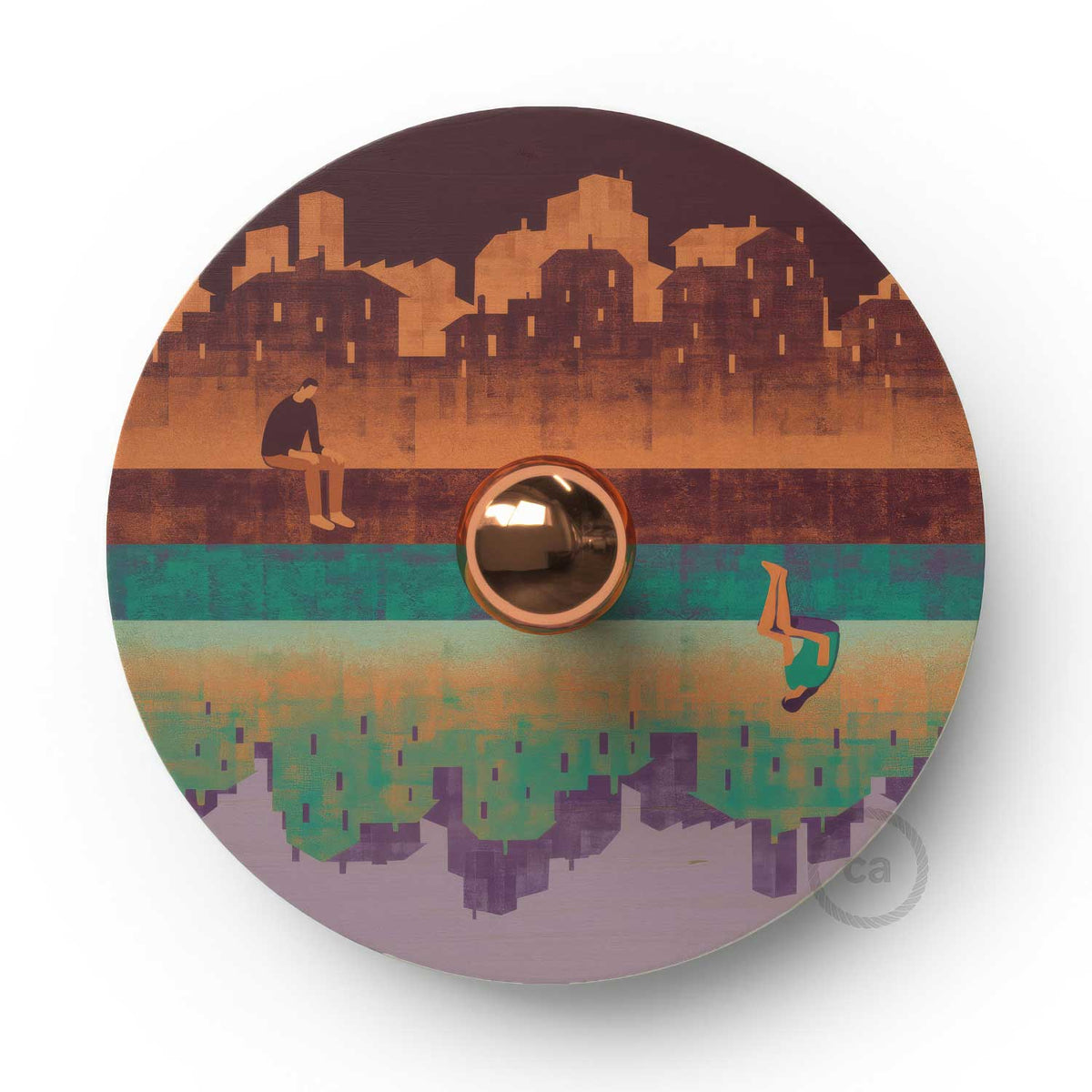 Fermaluce Romantic con paralume UFO in legno double-face illustrato da Davide Bonazzi