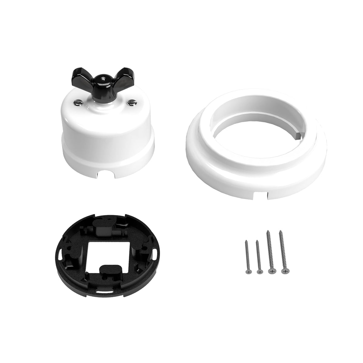 Kit interruttore/deviatore con dado a farfalla e base in porcellana bianca Nero