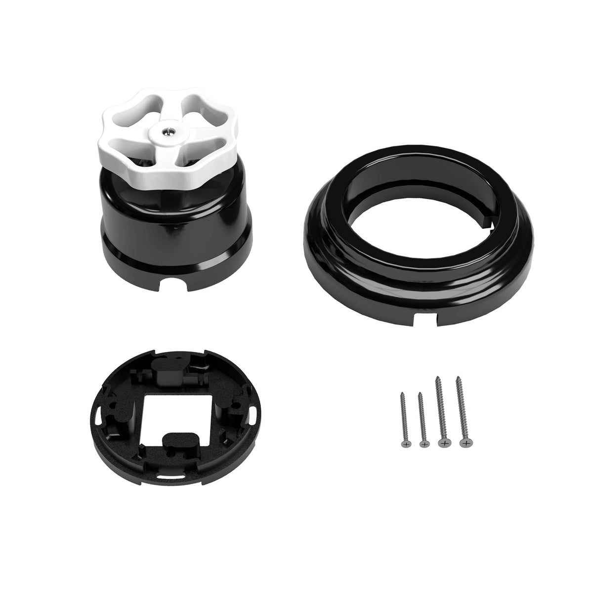 Kit interruttore/deviatore con manopola e base in porcellana nera Bianco