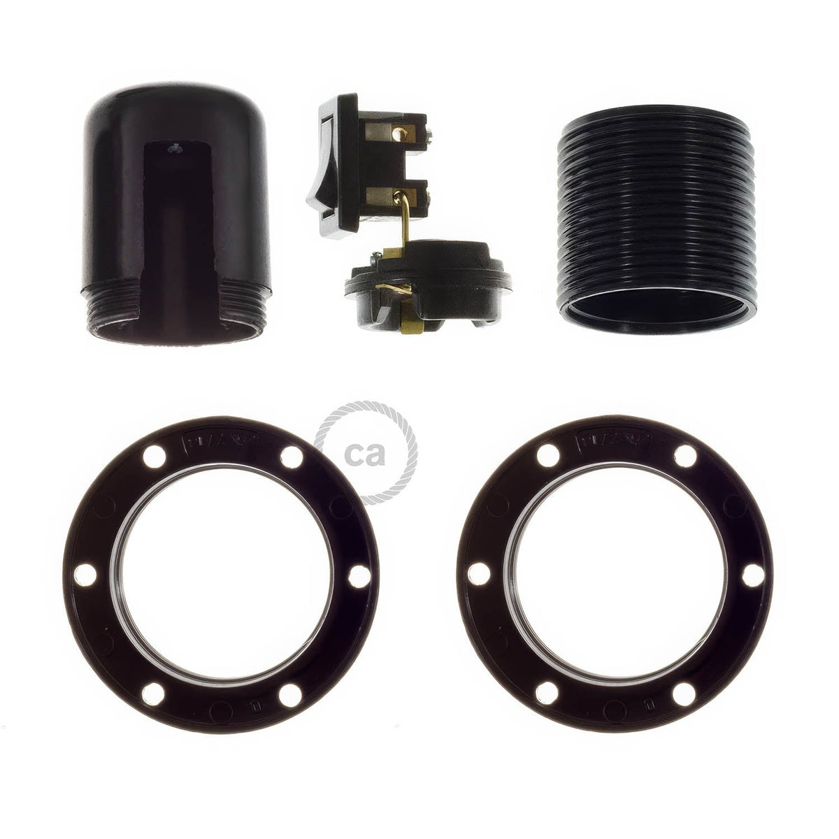 Kit portalampada E27 in bakelite con doppia ghiera per paralume e interruttore - Nero
