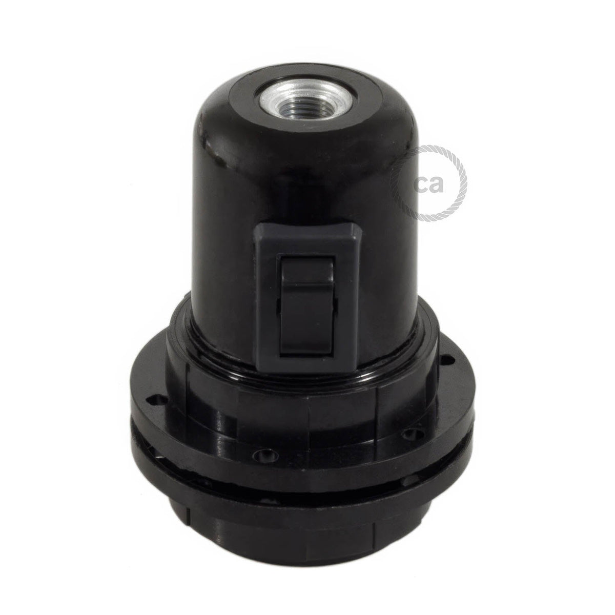 Kit portalampada E27 in bakelite con doppia ghiera per paralume e interruttore - Nero