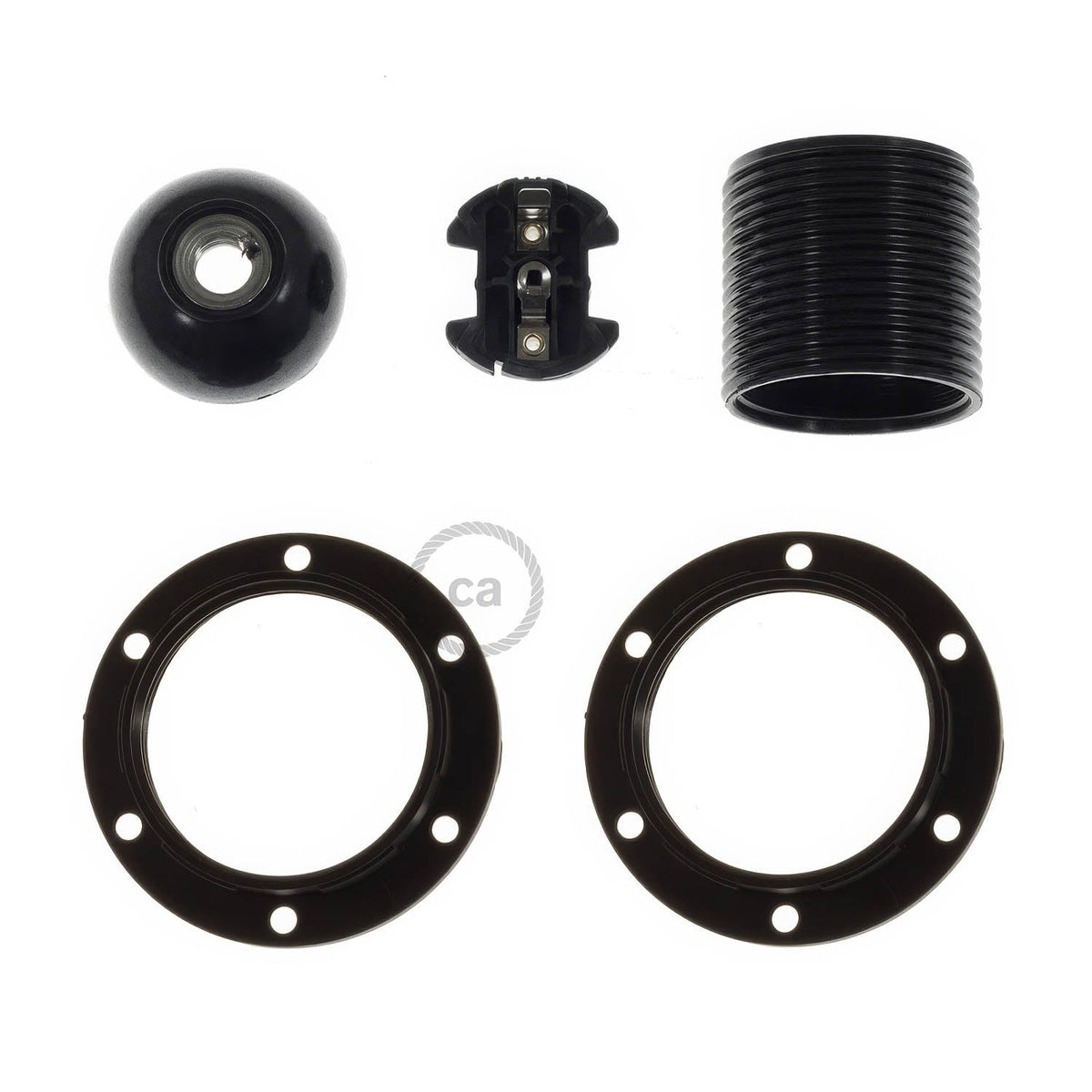 Kit portalampada E27 in bakelite con doppia ghiera per paralume - Nero