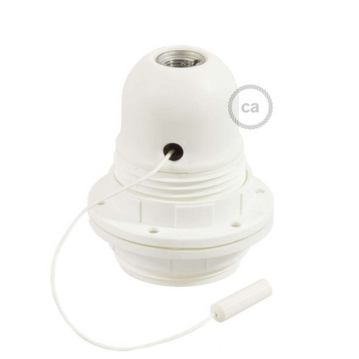 Kit portalampada E27 in termoplastica con doppia ghiera per paralume e interruttore a tirante - Bianco