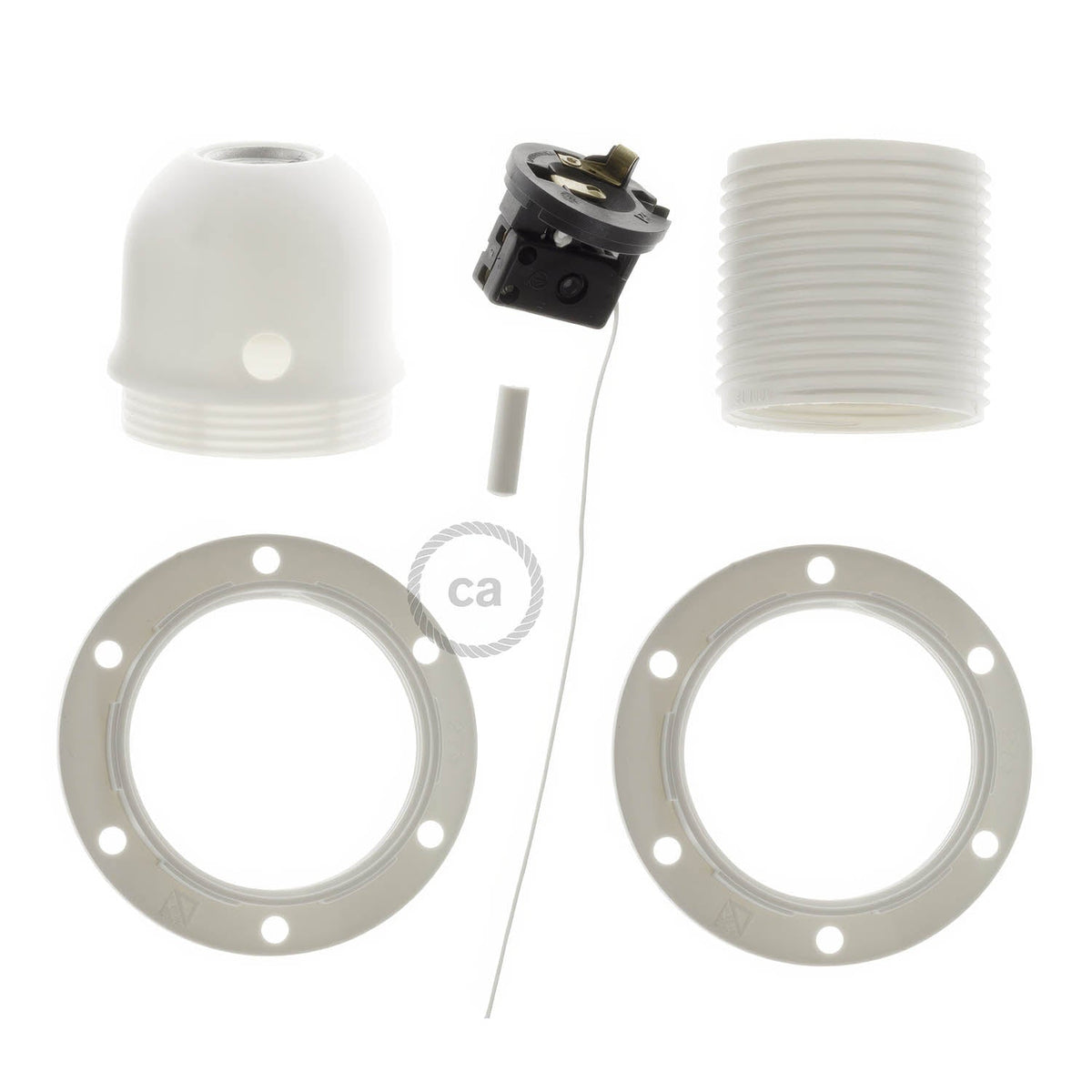 Kit portalampada E27 in termoplastica con doppia ghiera per paralume e interruttore a tirante - Bianco