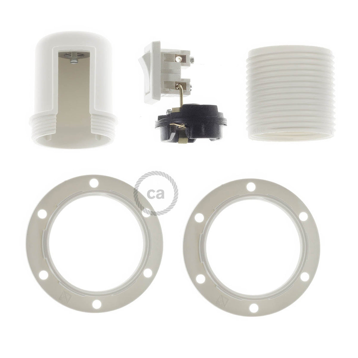 Kit portalampada E27 in termoplastica con doppia ghiera per paralume e interruttore - Bianco