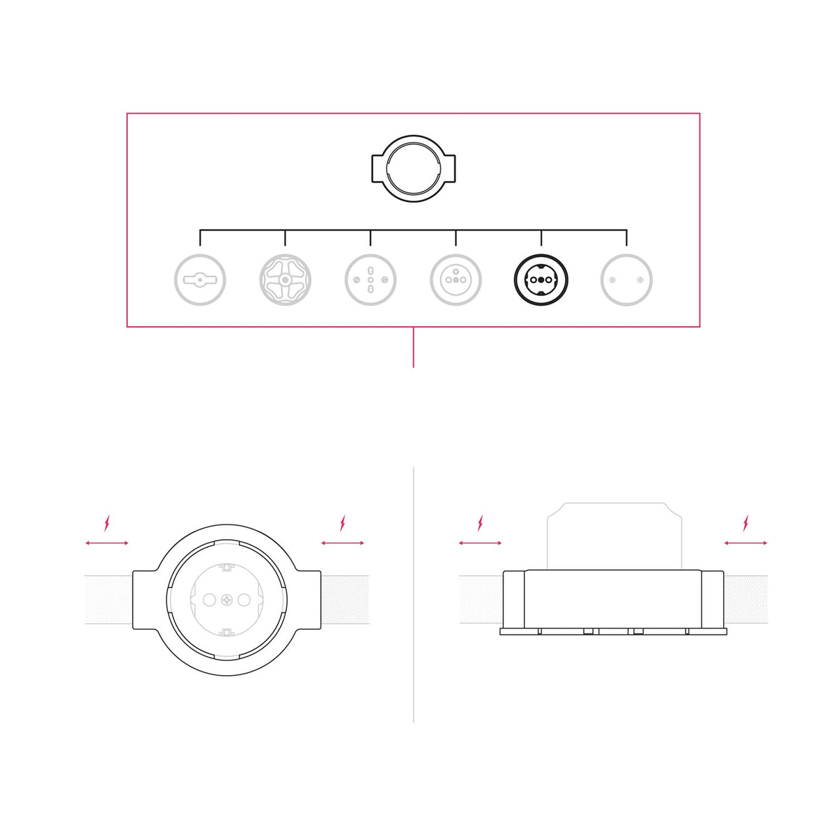 Kit presa Schuko da parete e base per Creative-Tubes in porcellana - Nero 2 in linea