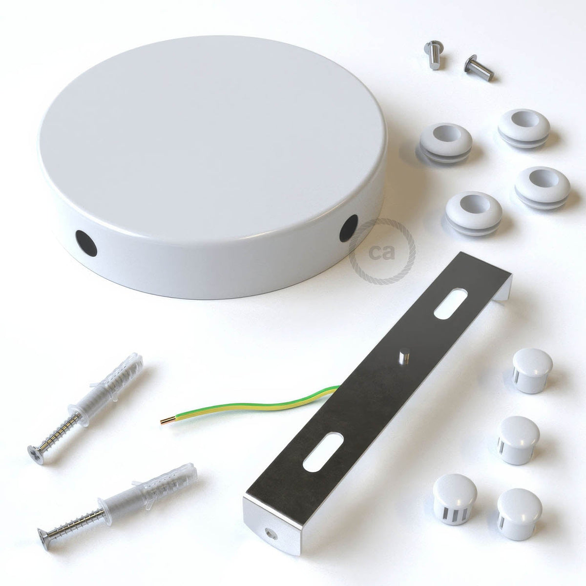 Kit rosone cilindrico in metallo a 4 fori laterali (scatola di derivazione) - Bianco lucido