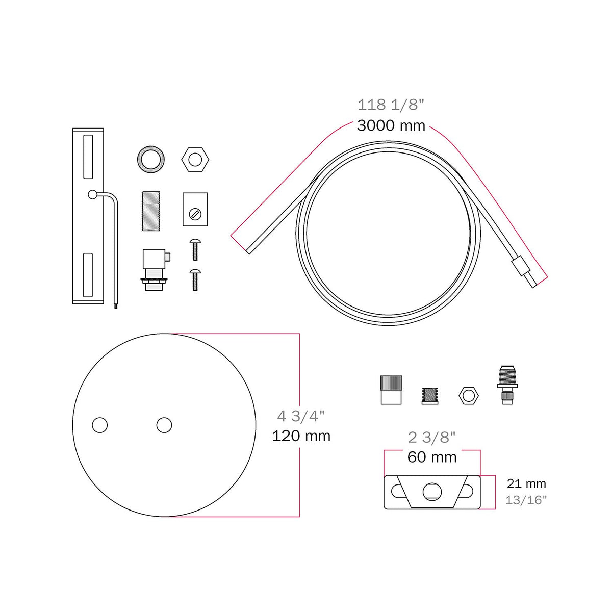 Kit Rosone Ø 120 mm con sospensione in acciaio e bilanciatore millimetrico - Ottone