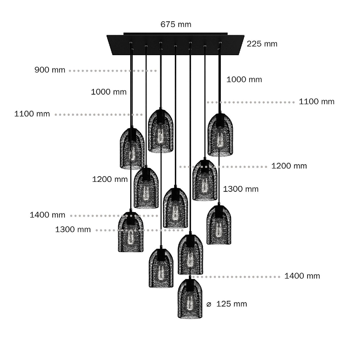 Lampada a sospensione a 11 cadute con XXL Rose-One rettangolare 675 mm con paralume in metallo Ghostbell - Nero opaco