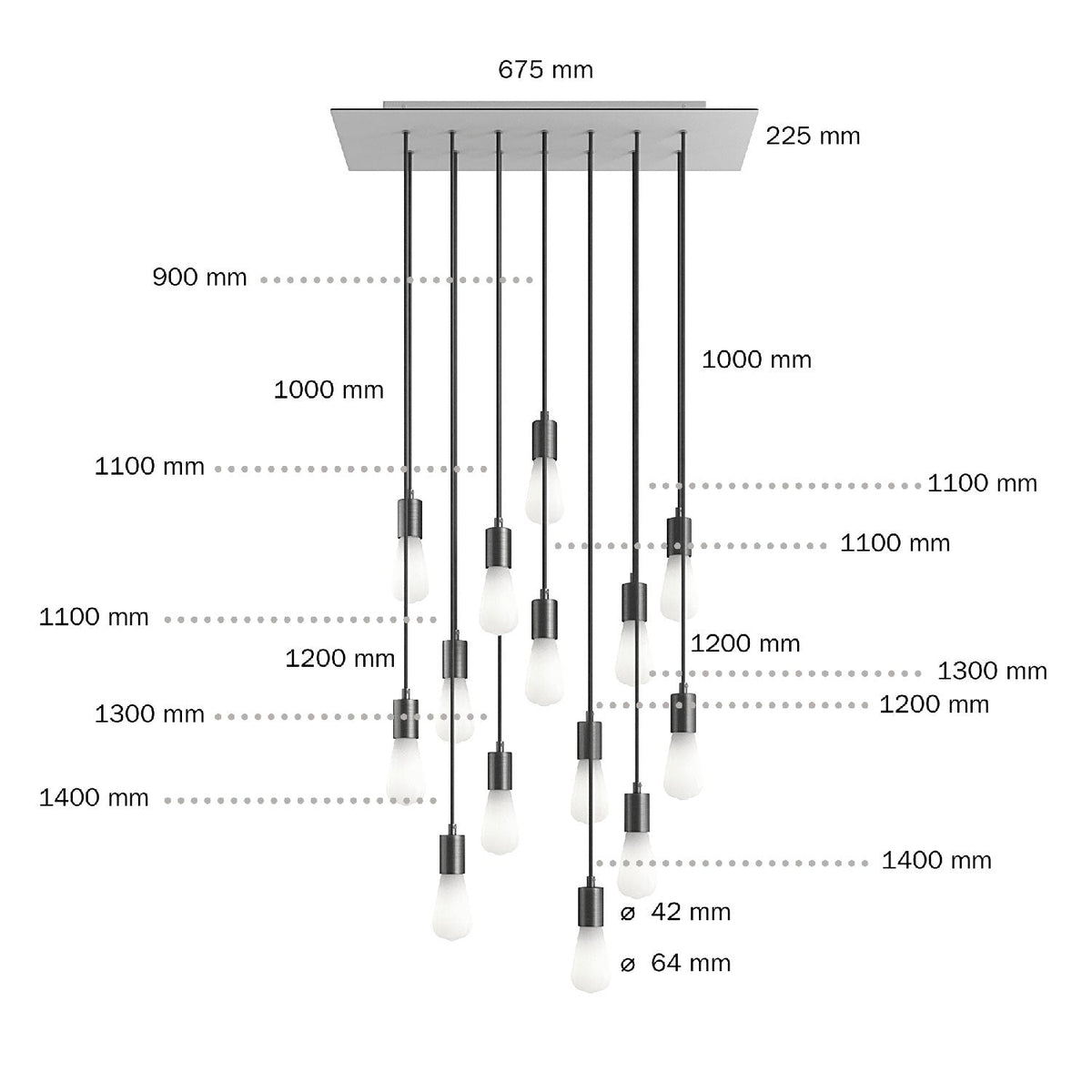Lampada a sospensione a 14 cadute con XXL Rose-One rettangolare 675 mm con finiture in metallo - Acciaio satinato