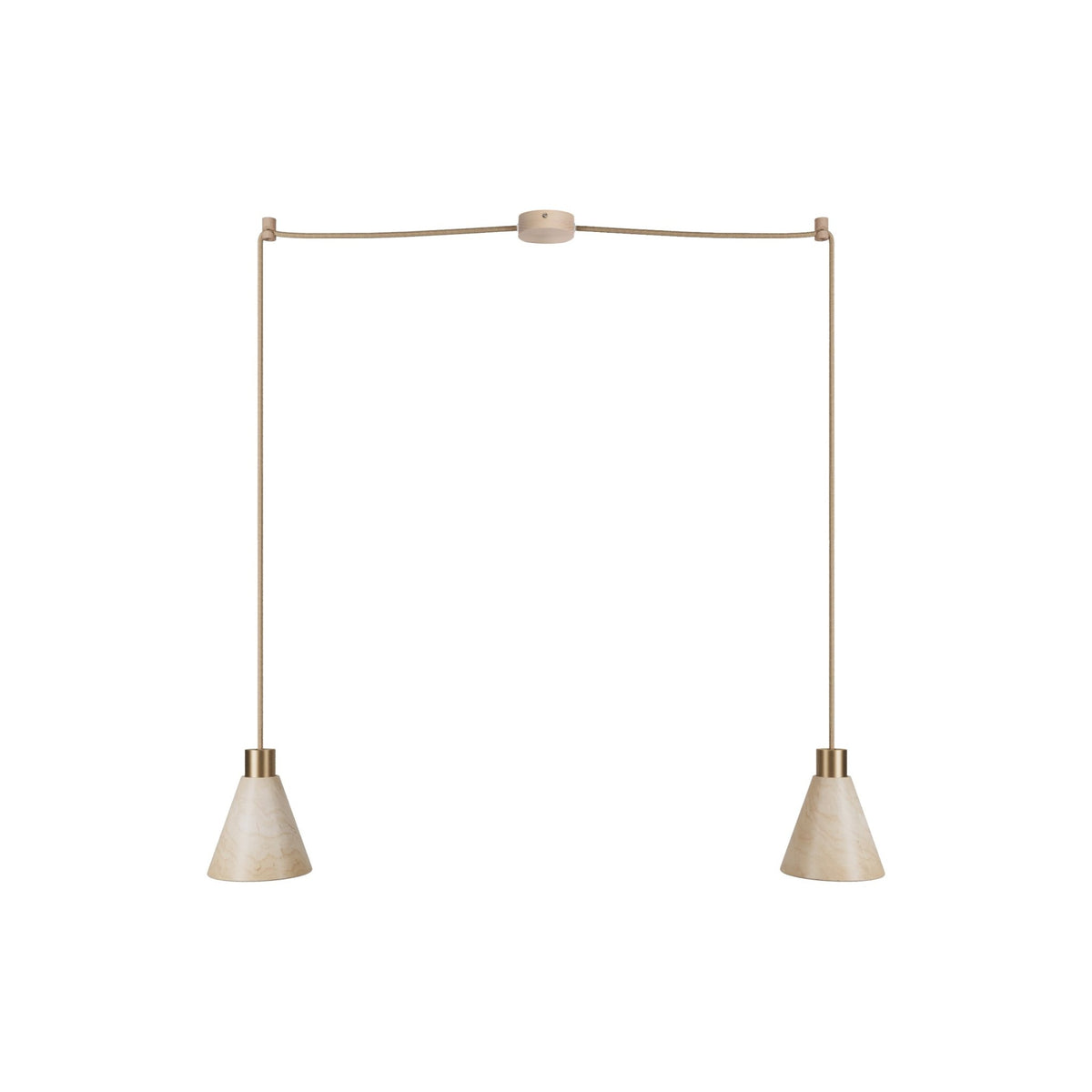 Lampada a sospensione a 2 cadute con paralumi conici in legno - Bronzo satinato