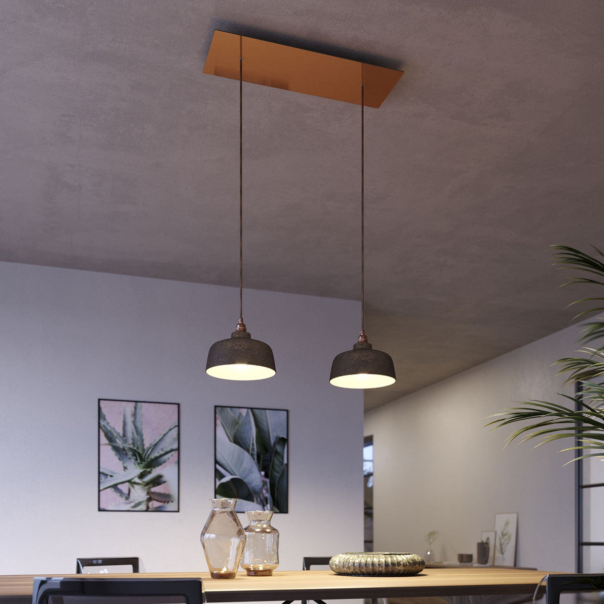 Lampada a sospensione a 2 cadute con XXL Rose-One rettangolare 675 mm con paralume Coppa - Rame satinato