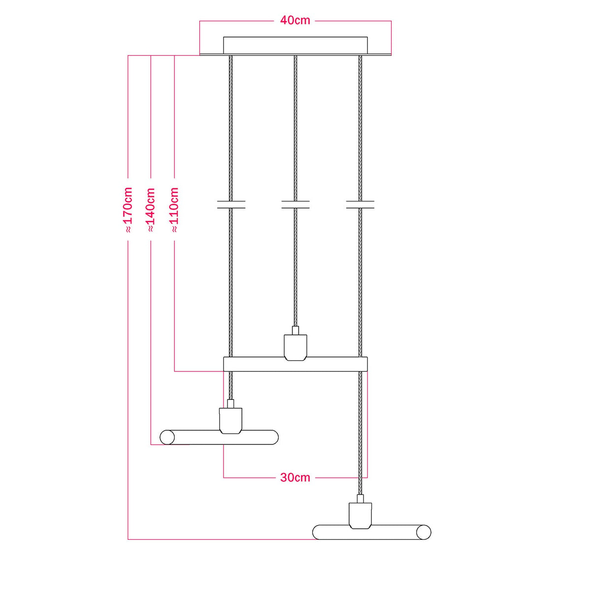 Lampada a sospensione a 3 cadute asimmetriche esse14 con Rose-One completa di cavo tessile e finiture in metallo - Bianco