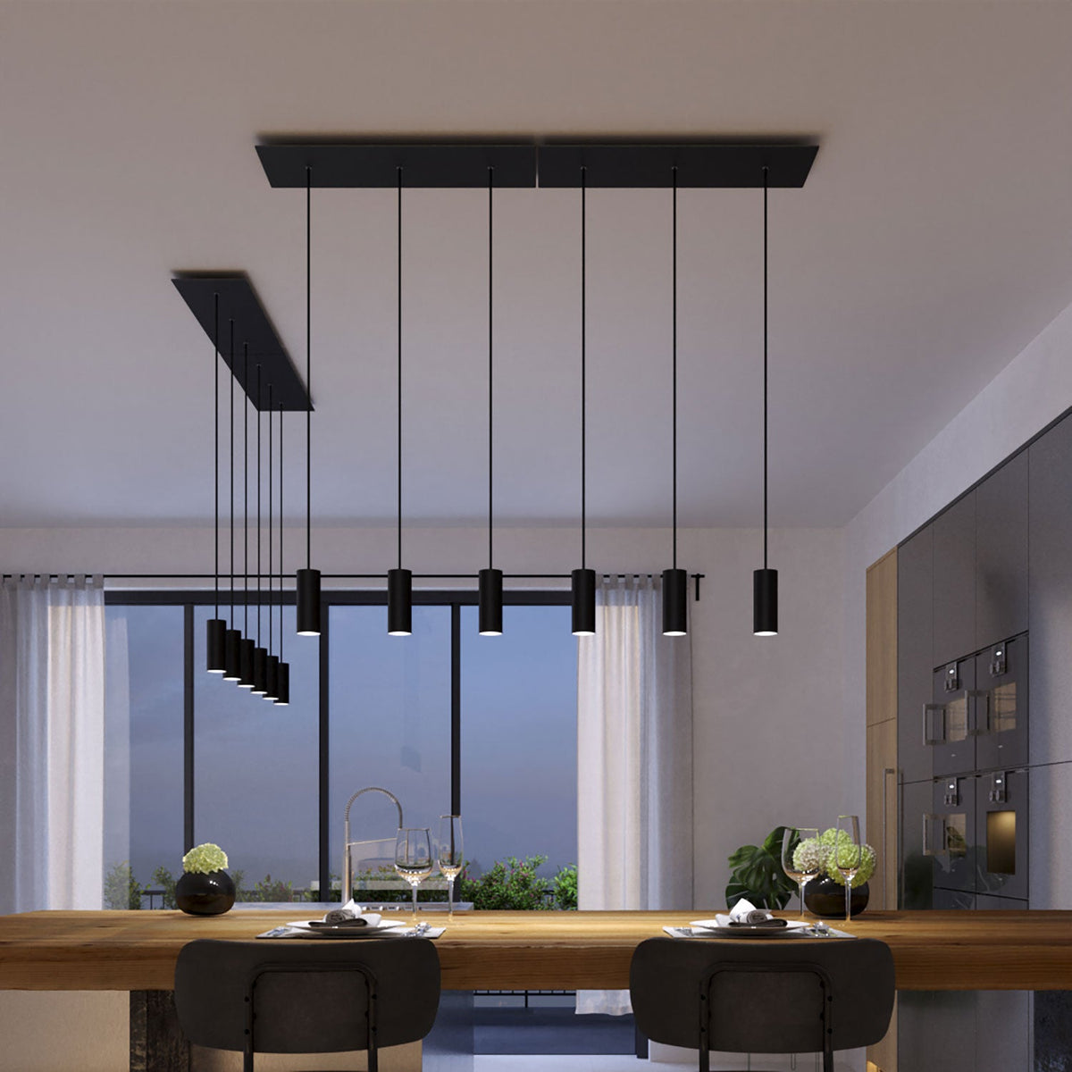 Lampada a sospensione a 3 cadute con XXL Rose-One rettangolare 675 mm con paralume in metallo Tub-E14 - Nero opaco