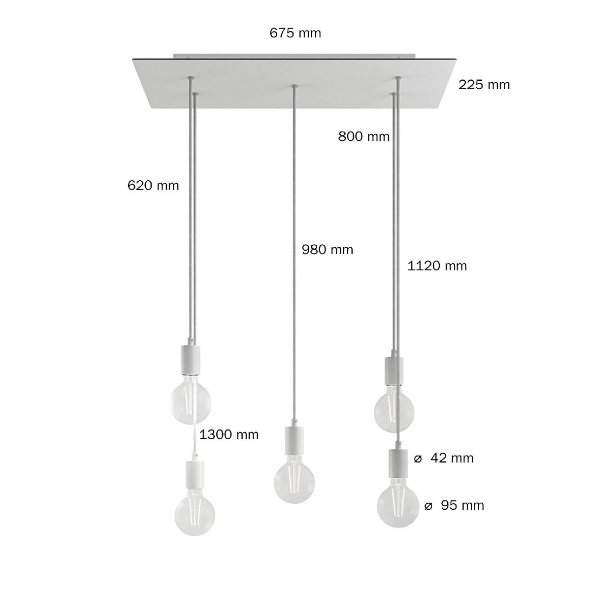 Lampada a sospensione a 5 cadute con XXL Rose-One rettangolare 675 mm con finiture in metallo - Nero opaco