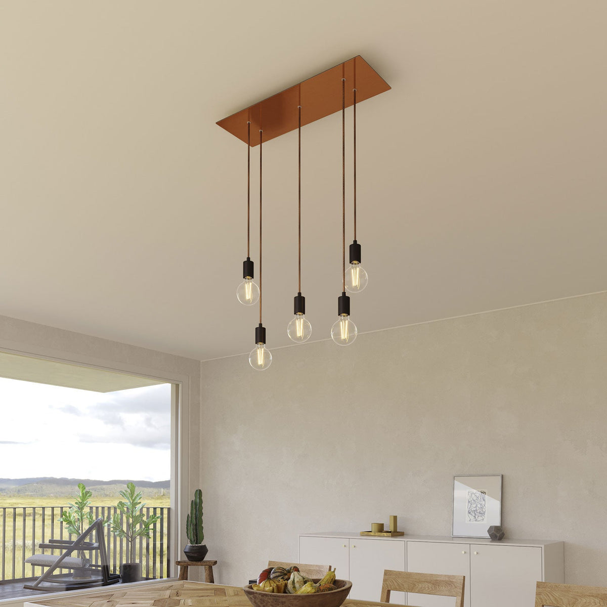 Lampada a sospensione a 5 cadute con XXL Rose-One rettangolare 675 mm con finiture in metallo - Rame satinato