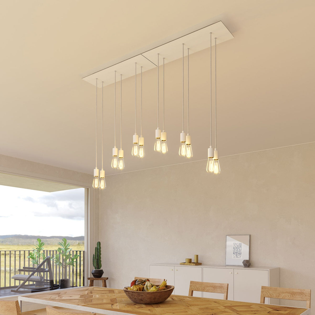 Lampada a sospensione a 6 cadute con XXL Rose-One rettangolare 675 mm con finiture in metallo - Bianco opaco