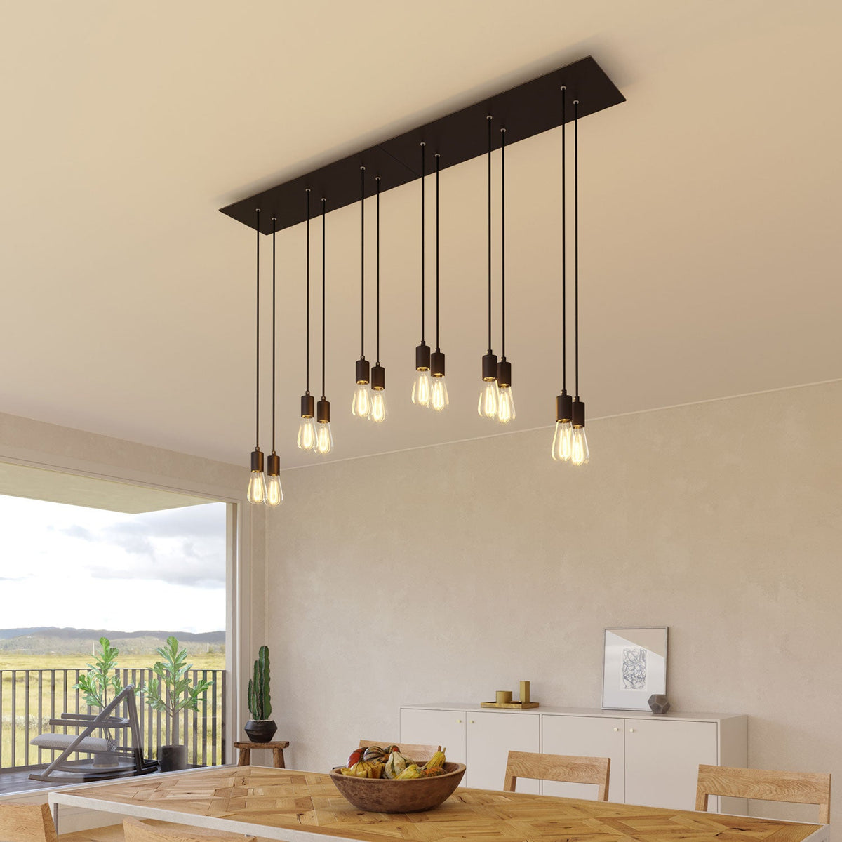 Lampada a sospensione a 6 cadute con XXL Rose-One rettangolare 675 mm con finiture in metallo - Nero opaco
