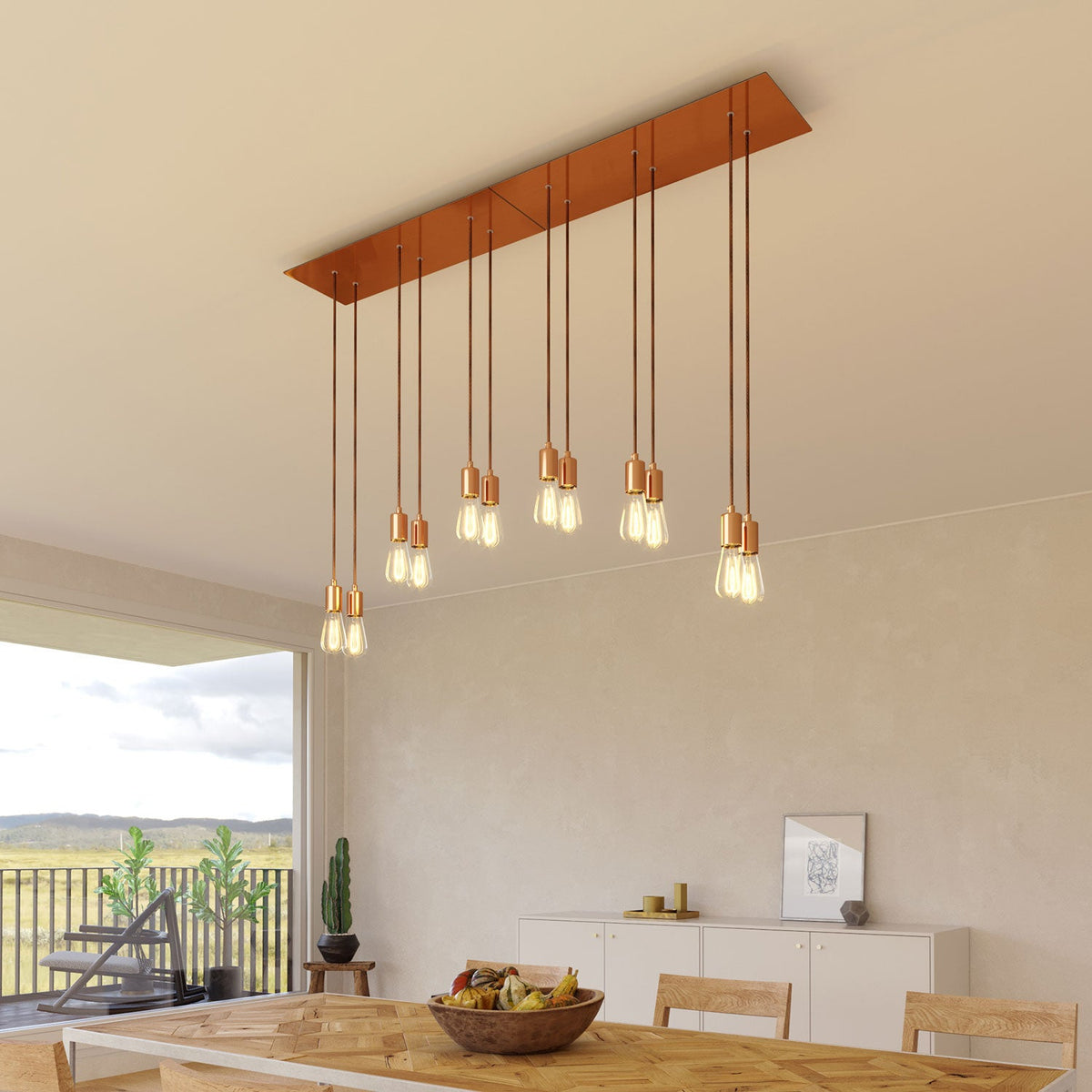 Lampada a sospensione a 6 cadute con XXL Rose-One rettangolare 675 mm con finiture in metallo - Rame satinato