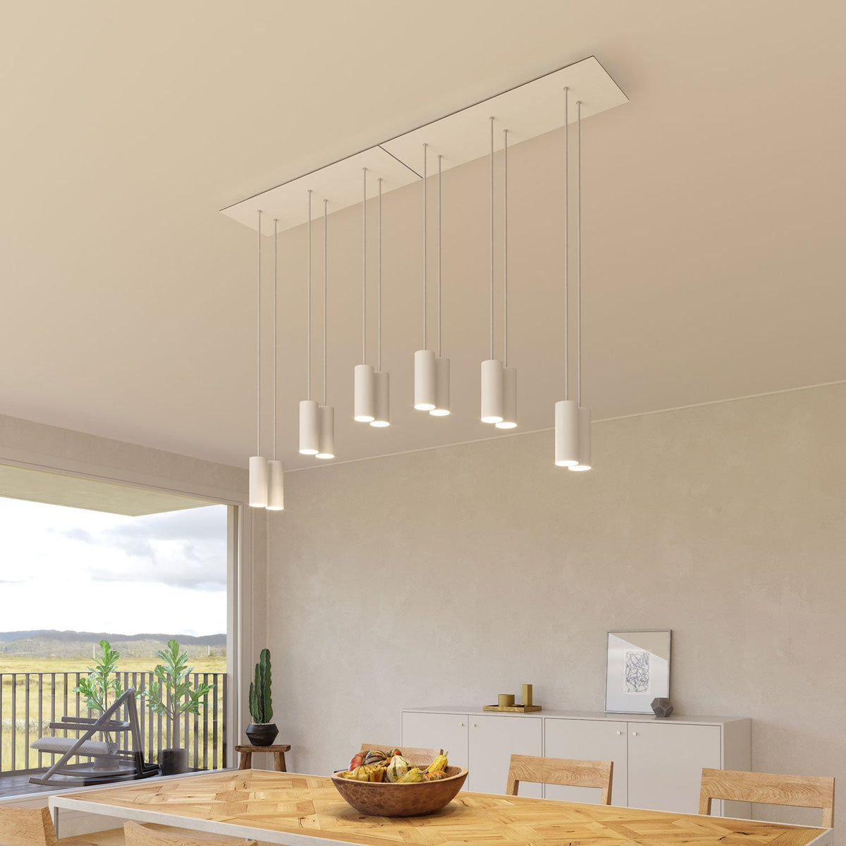 Lampada a sospensione a 6 cadute con XXL Rose-One rettangolare 675 mm con paralume in metallo Tub-E14 - Bianco opaco