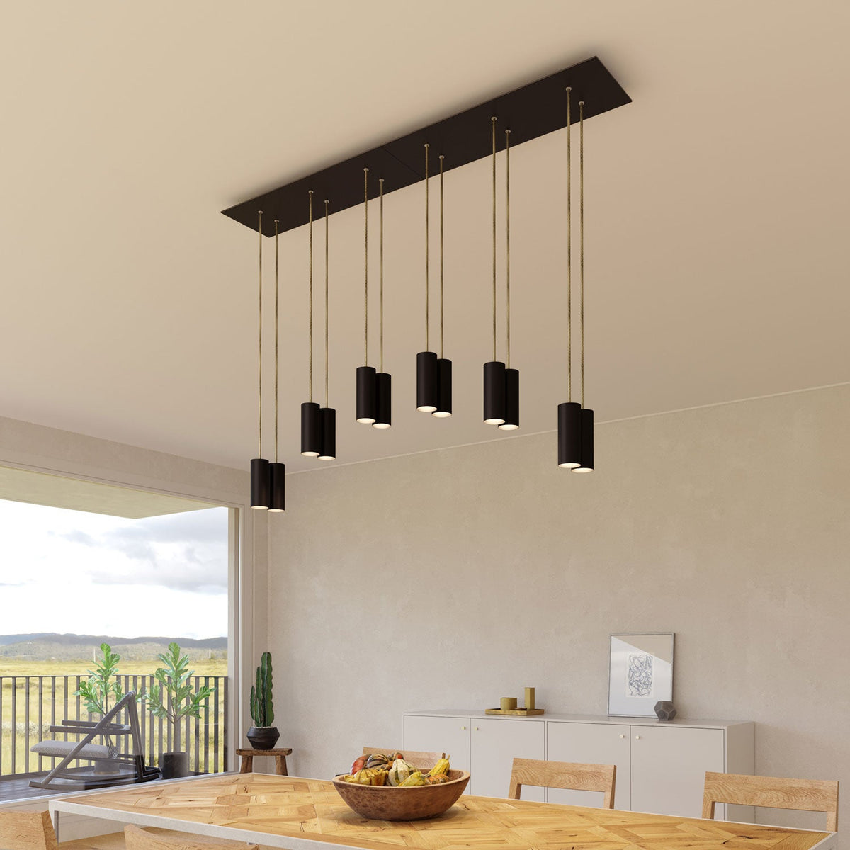 Lampada a sospensione a 6 cadute con XXL Rose-One rettangolare 675 mm con paralume in metallo Tub-E14 - Nero opaco