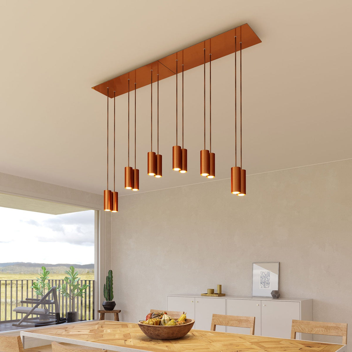 Lampada a sospensione a 6 cadute con XXL Rose-One rettangolare 675 mm con paralume in metallo Tub-E14 - Rame satinato