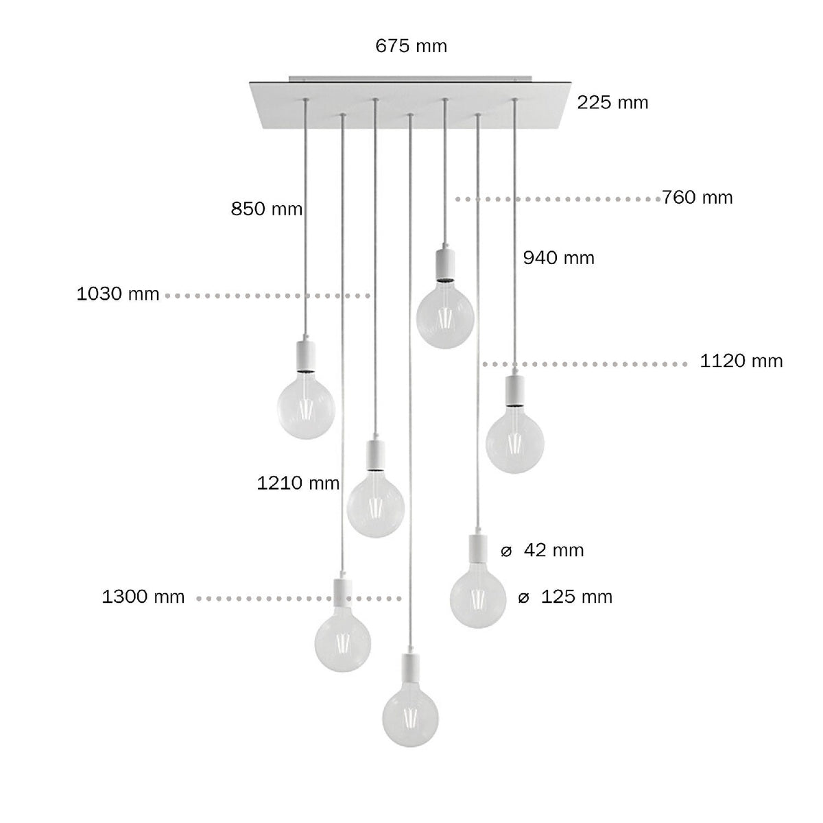 Lampada a sospensione a 7 cadute con XXL Rose-One rettangolare 675 mm con finiture in metallo - Bianco opaco