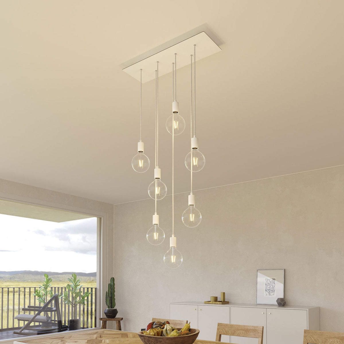 Lampada a sospensione a 7 cadute con XXL Rose-One rettangolare 675 mm con finiture in metallo - Bianco opaco