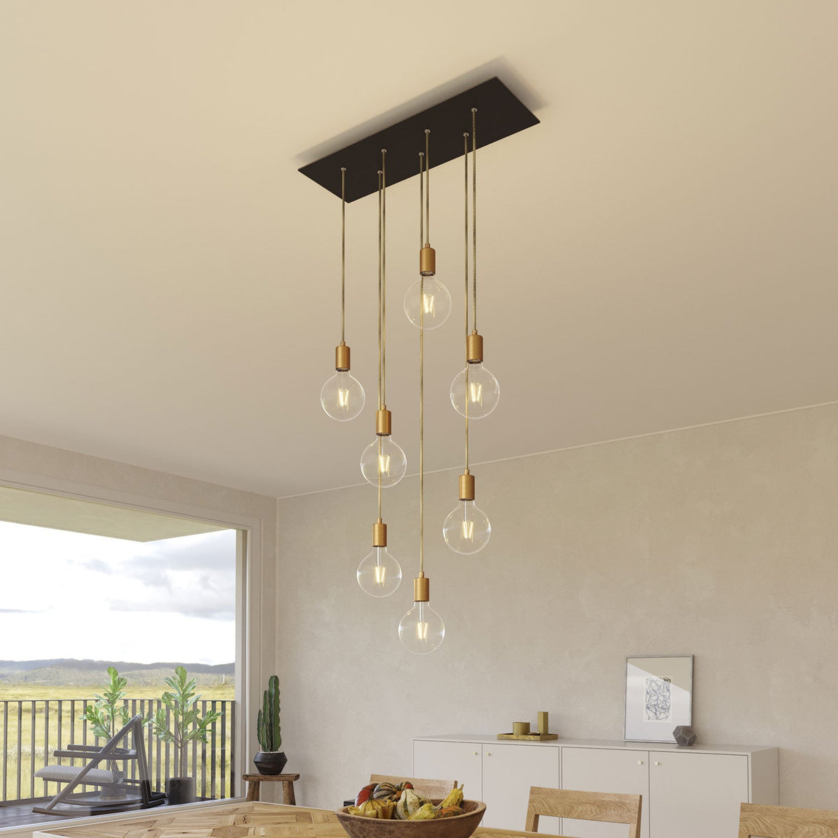 Lampada a sospensione a 7 cadute con XXL Rose-One rettangolare 675 mm con finiture in metallo - Nero opaco