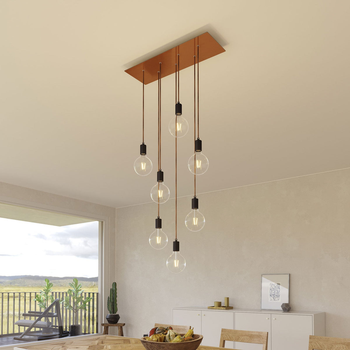 Lampada a sospensione a 7 cadute con XXL Rose-One rettangolare 675 mm con finiture in metallo - Rame satinato