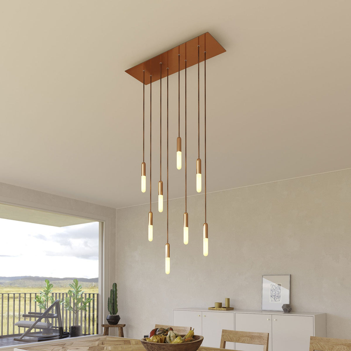 Lampada a sospensione a 8 cadute con XXL Rose-One rettangolare 675 mm con finiture in metallo - Rame satinato