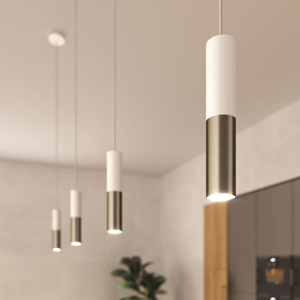 Lampada a sospensione completa di cavo tessile e doppio paralume Tub-E14 - Bianco opaco e Titanio satinato