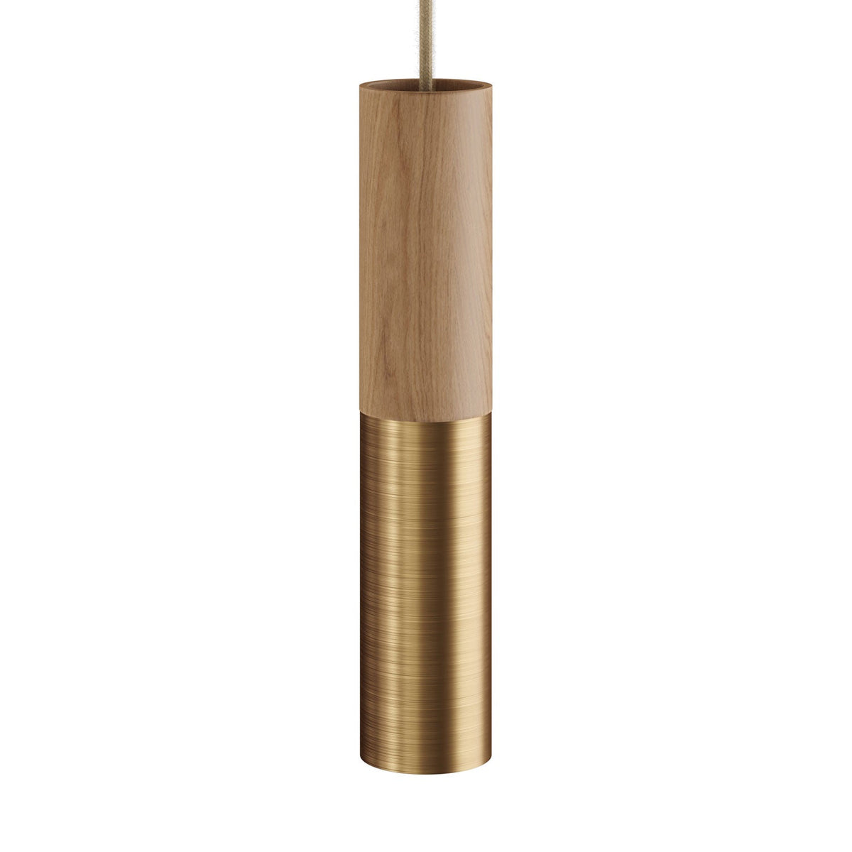 Lampada a sospensione completa di cavo tessile e doppio paralume Tub-E14 in legno e metallo - Bronzo satinato