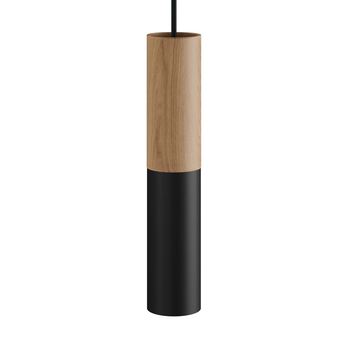Lampada a sospensione completa di cavo tessile e doppio paralume Tub-E14 in legno e metallo - Nero