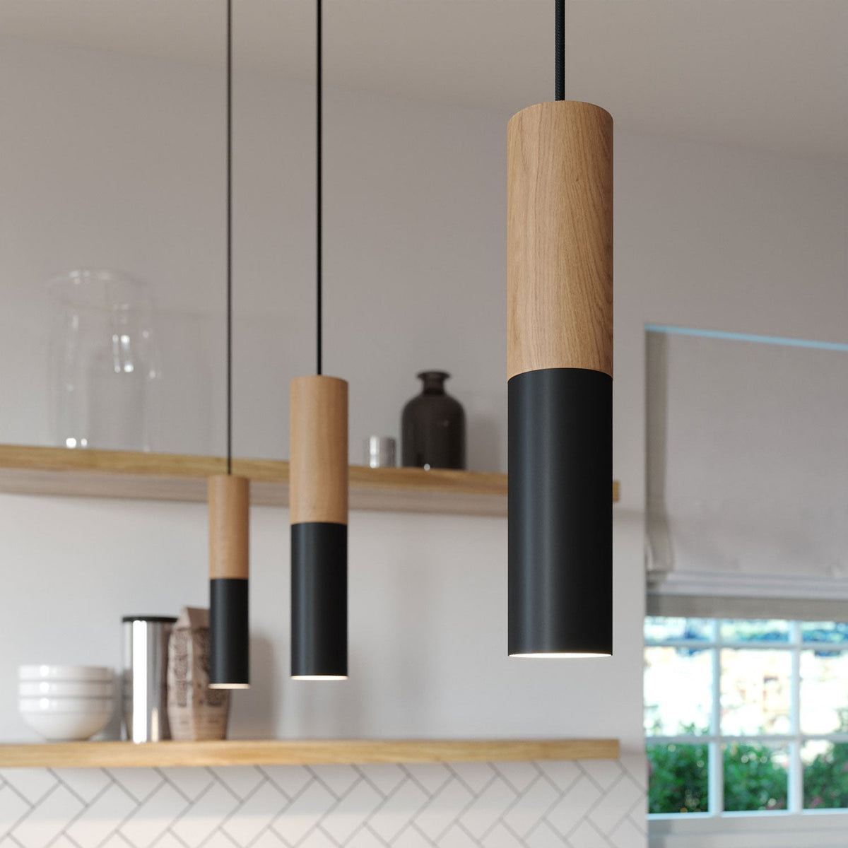 Lampada a sospensione completa di cavo tessile e doppio paralume Tub-E14 in legno e metallo - Nero